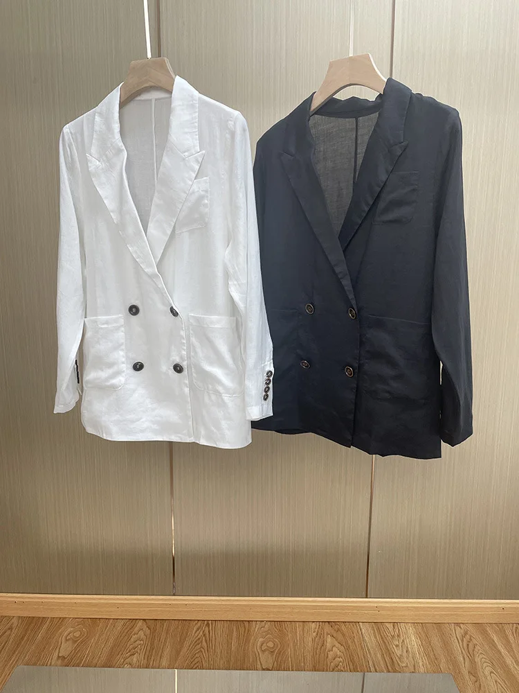 

2023 Autumn White or Black Women Linen Blends Blazer Beading Chain Double Breasted Thin Female Suit Coat with Pockets
