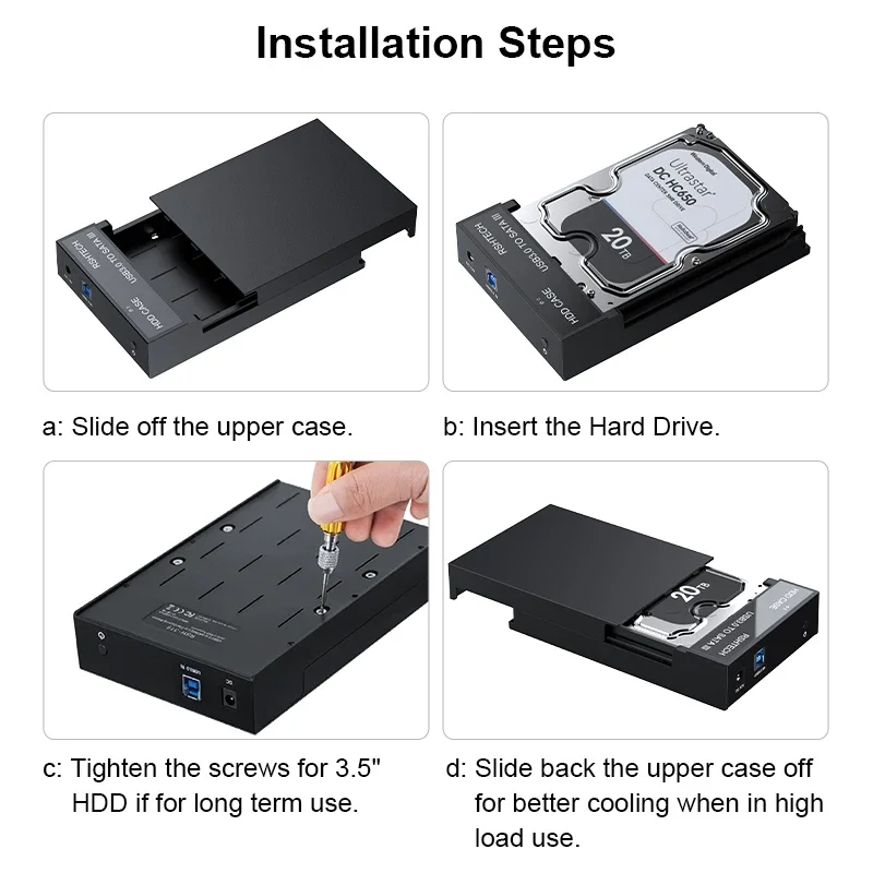 RSHTECH Hard Drive Enclosure USB 3.0 to SATA External Hard Drive Docking Station for 2.5/3.5" SATA I/II/III HDD SSD Up to 20TB
