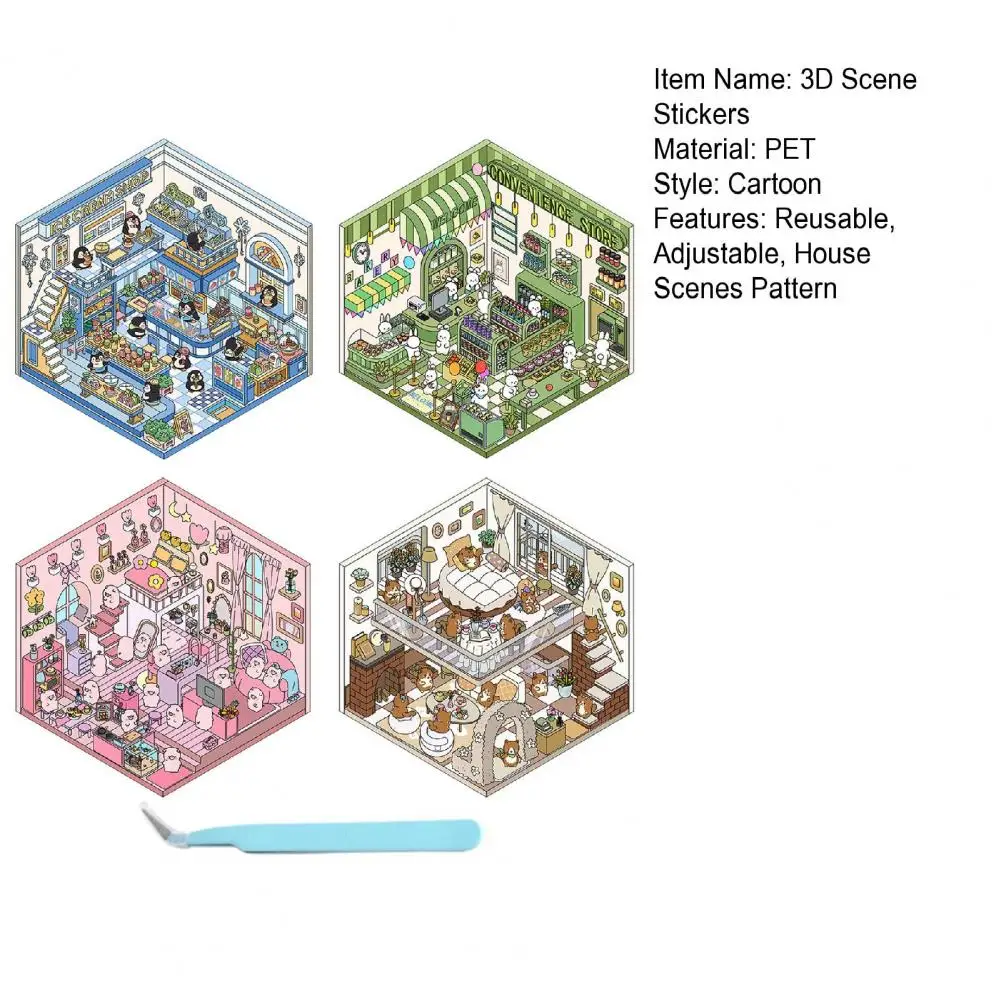 4 Sets 3D Scene Stickers Adjustable DIY Cat Cafe House Stickers Stress Relief Entertainment Decals Cabin Scene Stacking Pasting