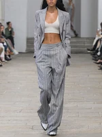 Women Pants Two Piece Sets Women Gray Rhinestone Single Button Blazer + Sparkle Striped Diamonds Pants Suits Evening Party Club 1