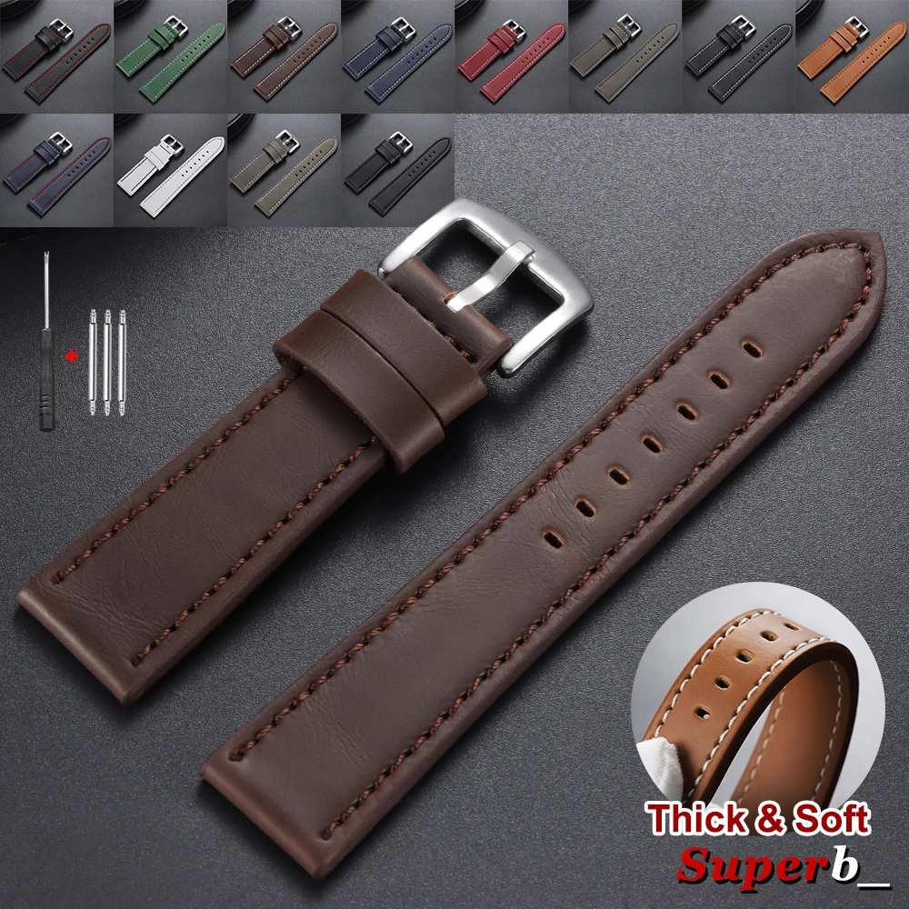 Vintage Leather Sport Watch Strap with Steel Pin Buckle - Brown/Black, Various Sizes