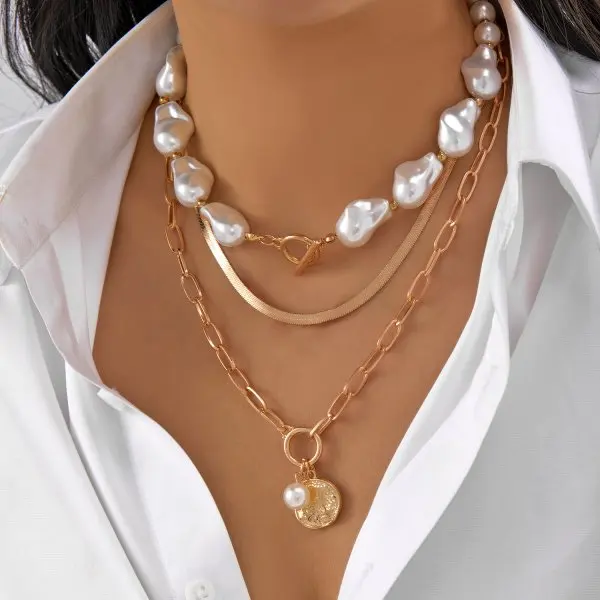 Elegant Layered Necklace: Zircon Evil Eye Palm Cross Pearl Choker Jewelry