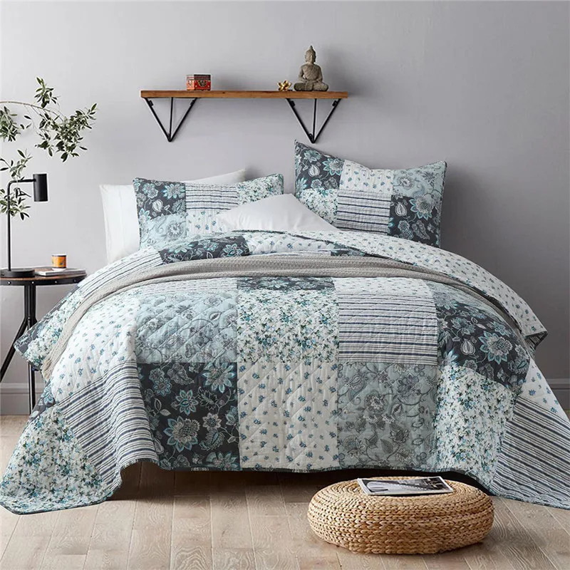 

Patchwork Cotton Quilt Set 3pcs Bedspread for Bed Plaid Summer Coverlet Queen King Size Blanket in Bedroom Quilted Bed Cover Set