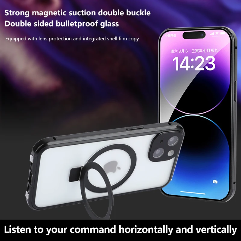Metal Magnetic Stand Dual Security Lock Phone Case For iPhone 14 13 15 Pro Max For iPhone 15 14 Plus Double Sided Glass Case