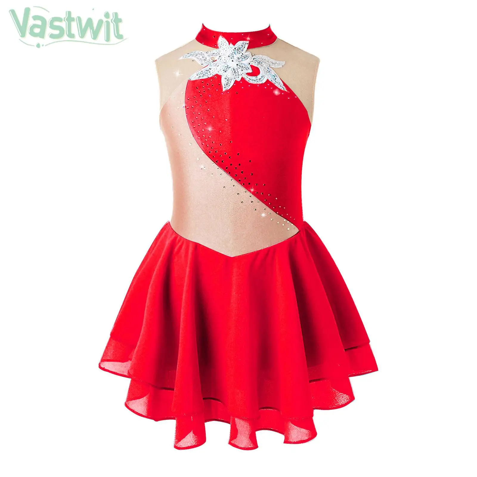 

Kids Girls Stage Performance Dance Dresses Sleeveless Halter Neck Patchwork Style Shiny Artificial Drill Decor Dancing Clothes