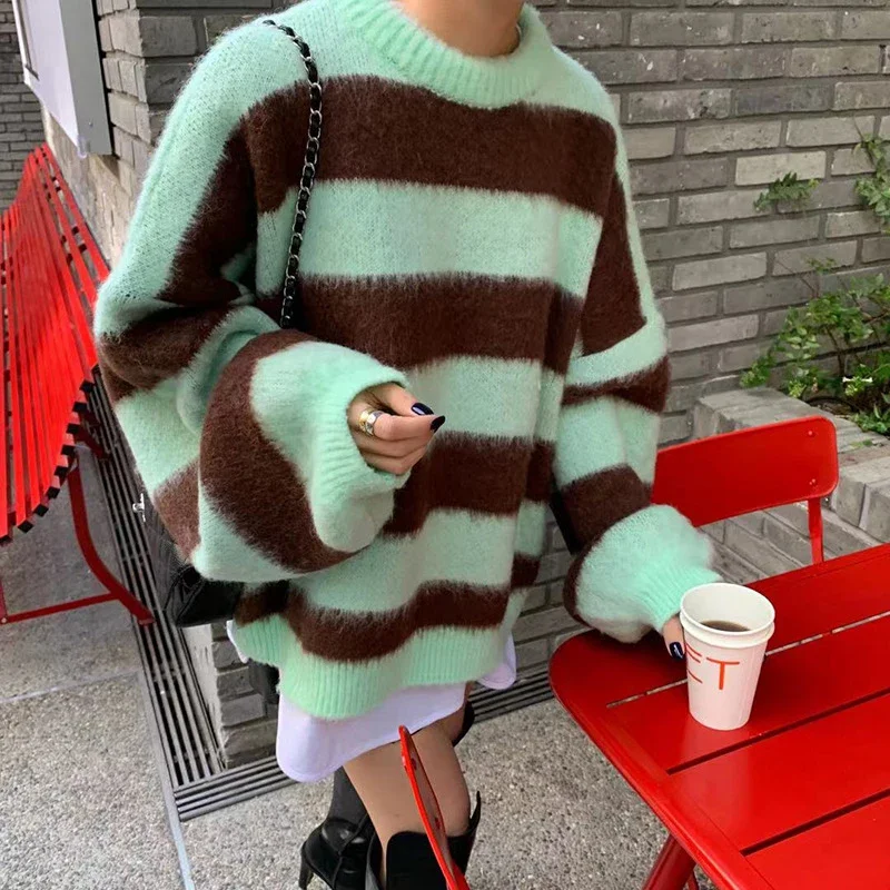 

Women's Clothing Korean Stripe Knitting Sweater Round Neck Long Sleeves Vintage Casual Fashion Ladies Tops Autumn