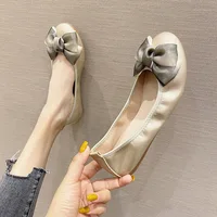 Womens Foldable Soft Round Toe Ballet Flats Butterfly Knot Sweet Comfortable Slip on Flat Ballerinas Shoes Woman PU Leather 1