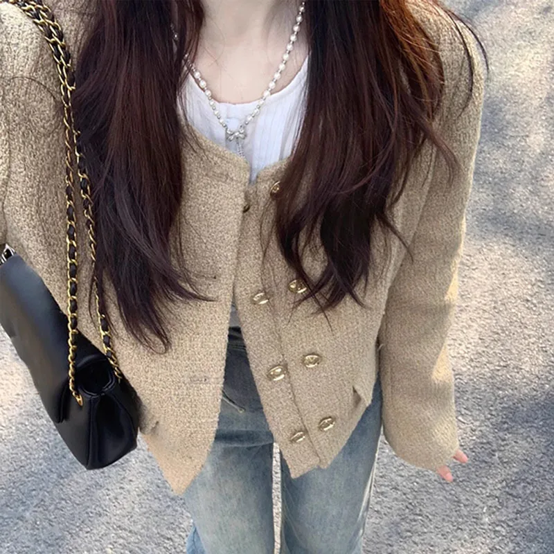

GigiMix Vintage Women's Tweed Jackets Elegant Chic Ladies Korean Fashion O-Neck Short Coat Double-Breasted with Pocket Jacket