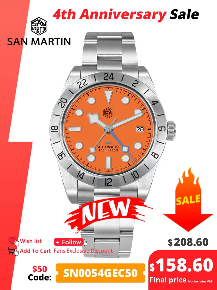 San Martin New 39mm BB GMT Colorful Dial Classic Luxury Mens Business Watch Automatic Mechanical Waterproof Luminous Date SN0054