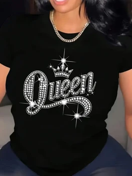 Women's Casual Short-Sleeve Rhinestone Queen Print T-Shirt Graphic T Shirts Aesthetic Clothes Summer Streetwear Fashion Y2K Top 1