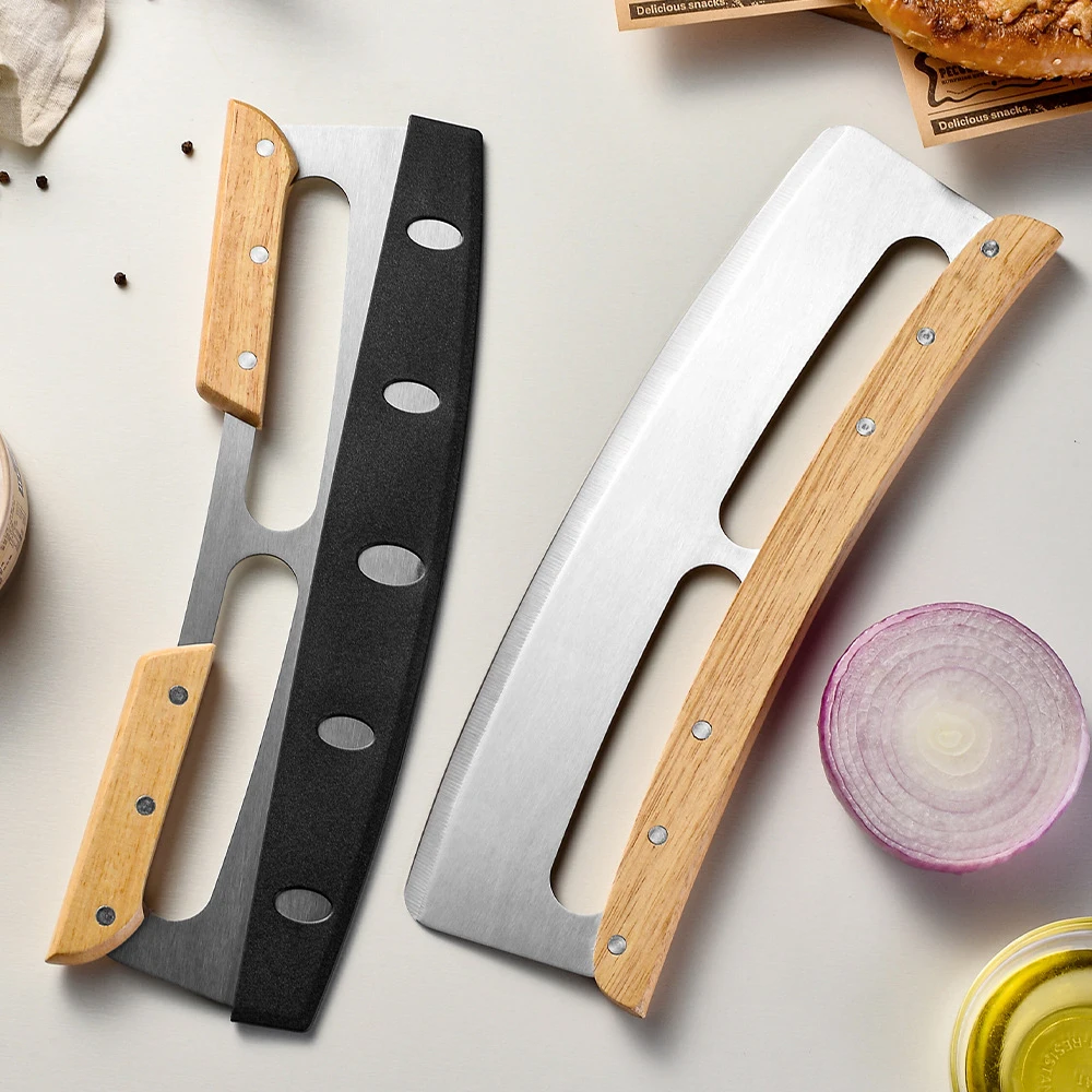 Wooden Handle Large Pizza Cutter Sharp Rocker Blade Stainless Steel Pizza Slicer Knife with Cover Kitchen Tool Accessories pizza knife,pizza cutter
