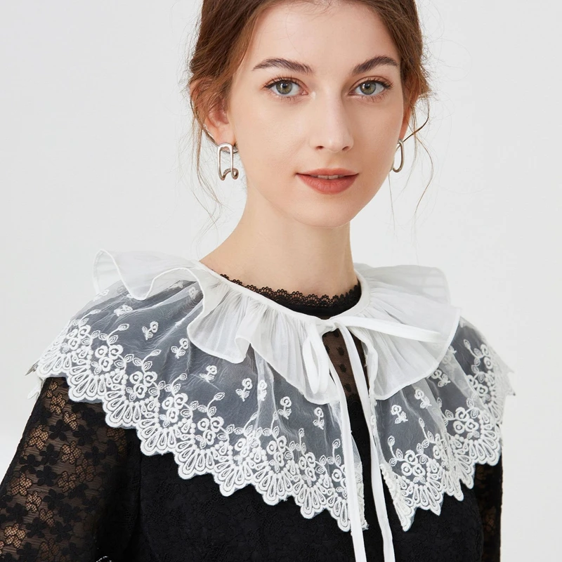 

Lace Chiffon Doll Fake Collar Ladies Shawl Wrap Girls Detachable Hollow Out Embroidery False Collar Removable Clothes Accessory