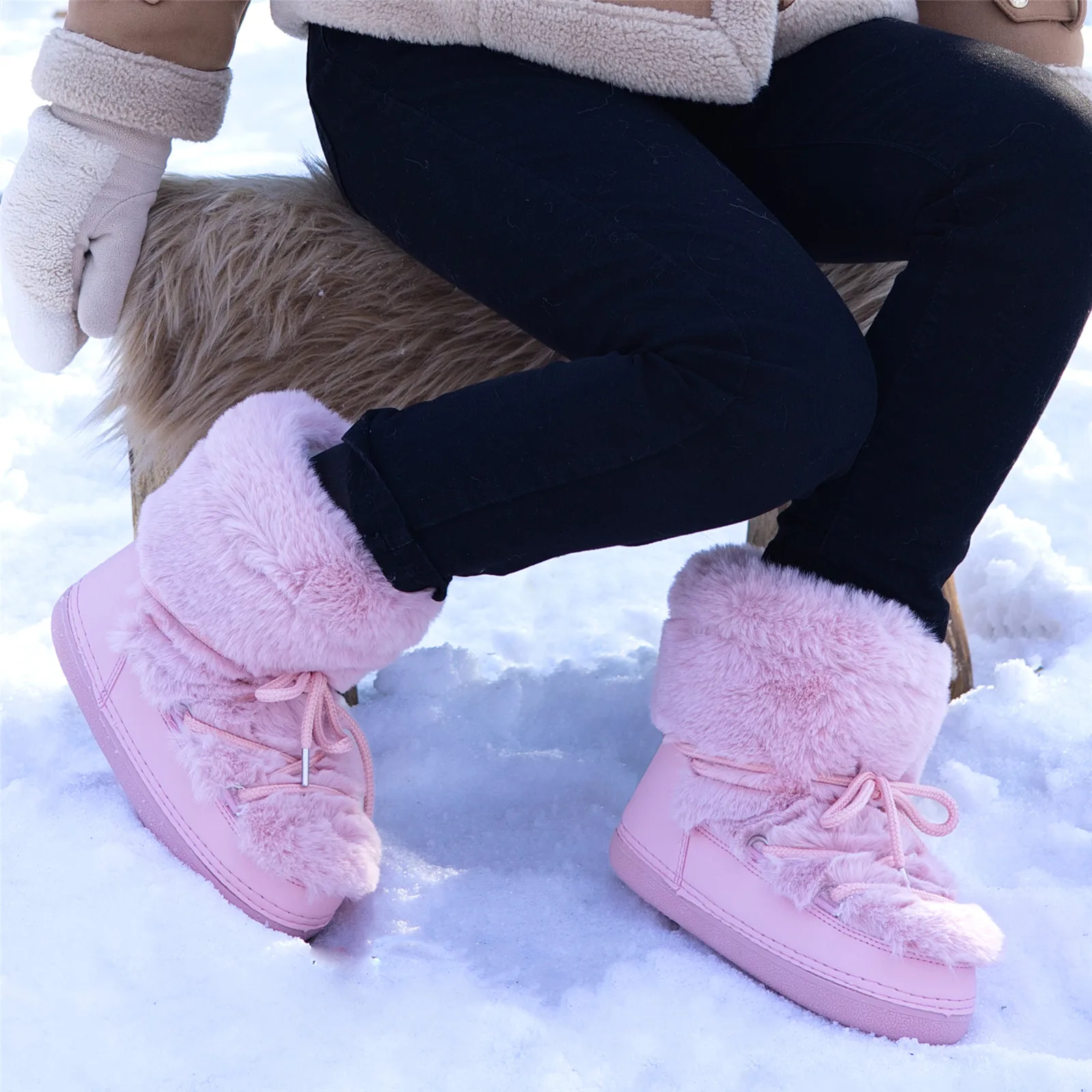 Ankle Boots Pink Moon Boots With Fur Luxury Faux Fur Snow Boots