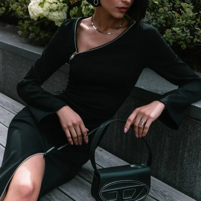 Zipper Patchwork Black Long Dress Women Off-Shoulder High Waist Elegant Clothes Party Dress Casual Ladies Slim Maxi Dress