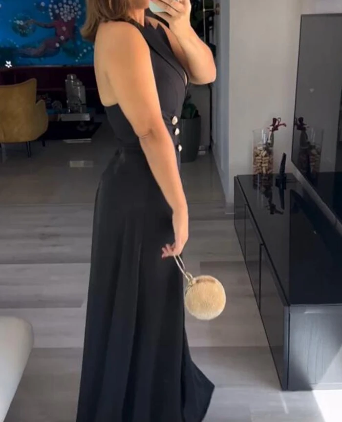 Jumpsuits Women 2024 Temperament Plunge Buttoned Wide Leg Jumpsuit Summer Sleeveless High Waisted Irregular Sexy Long Jumpsuit