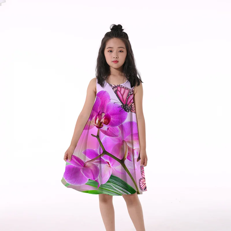 2022 Exclusive Girlymax Summer Baby Girls Kids Clothing 3D Print Twirl Dress Knee Length Sleeveless Blue Flower Dress 4-14T satin dress