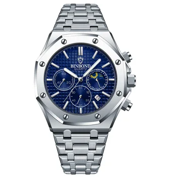BINBOND Men's Stainless Steel Watch - Luminous, Date Calendar, Waterproof, Casual - Silver Blue
