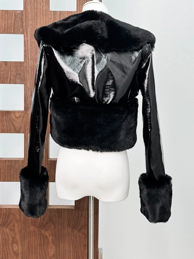 [EAM] Black Brief Short Slim Elegant Faux Fur Jacket New Lapel Long Sleeve Women Coat Fashion Tide Autumn Winter 2026 1DJ8957
