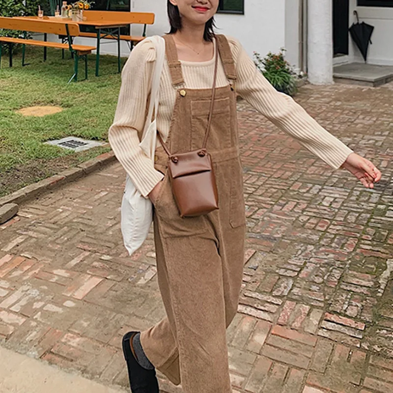 Corduroy Solid Color Wide-leg Straight High-waist Overalls Women's Autumn and Winter Street Style Loose Casual Overalls Trousers