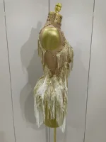 Stock 2025 Women Sexy Stretch Mesh Sparkly Rhinestone Tassels Mini Dress Nightclub Singer Dance Stage Costume Evening Gowns - Image 4