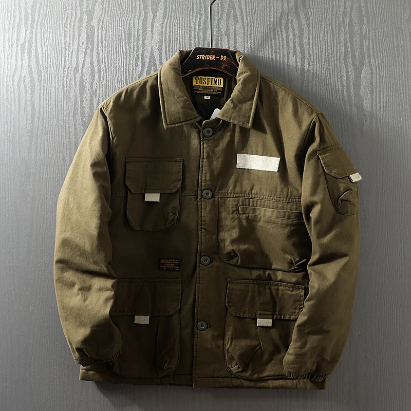 Amekaji-Thickened Multi Pocket Work Clothes Men Loose Clip Cotton