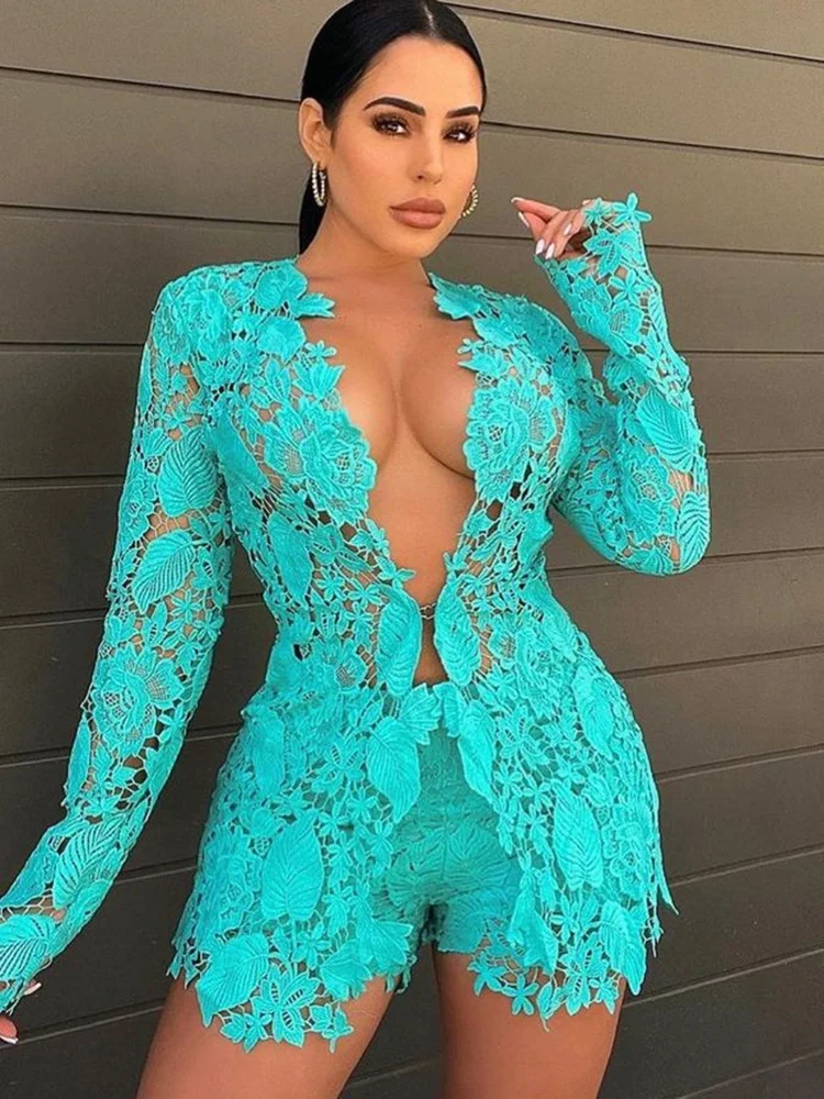 

Sibybo Floral Hollow Out Outfits Two Piece Sets Women V-Neck Long Sleeve Shirts And Hig Waist Shorts Outwear Fashion Shorts Set
