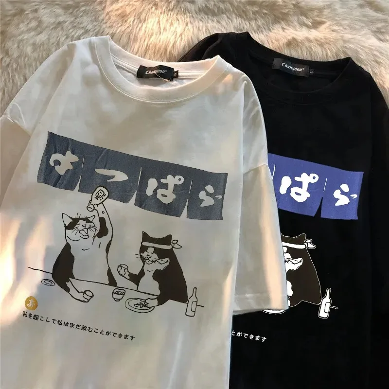 

2023 Harajuku T-Shirt neutral Streetwear Japanese Kanji Funny Cat Printed T Shirt female Cotton Casual Short Sleeve Tshirt Tops