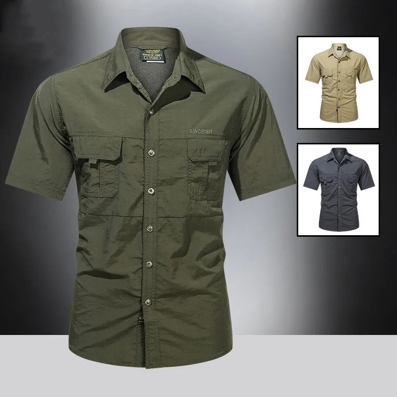 

Summer Quick Dry Army Fan Tactical Short Sleeve Shirt Men Thin Breathable Lapel Cargo Shirts Tops Outdoor Hiking Military Shirt