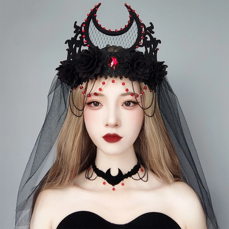 

Day of the Death Headband Baroque Tiara CrownBlack Veil Crown Halloween Gothic Headwear Lolita Hair Accessories