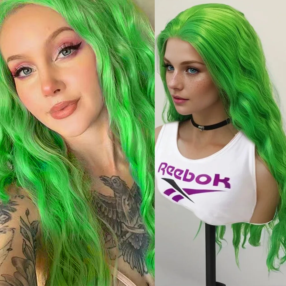 WIF Green Body Wave Synthetic Hair Cosplay Wig Long Wave Heat Resistant Lace Front Wigs Natural Hairline Women Green Hair synthetic wig