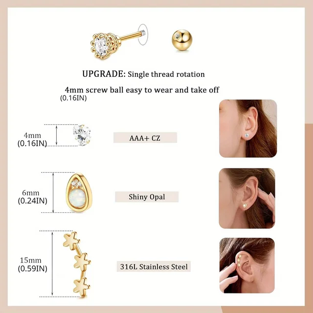 Drperfect Surgical Stainless Steel 16G Cartilage Earrings Studs Helix Couch Hoop Piercing Earrings Set Opal Shiny Earrings 2