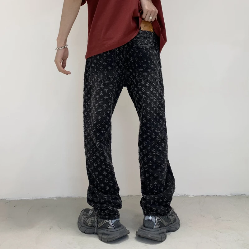 2024 street Latest designer Pattern Jacquard Jeans Looser Hollow-out Men's Pants Full Length Denim Clothing Black Blue men's pan 5