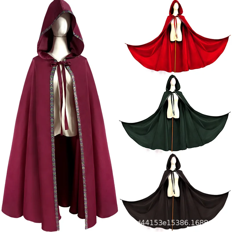 

Hood Cloak Cosplay Satin Red Medieval Cape Halloween Party Cosplay Women Man Adult Long Heroic Witchcraft Wicca Robe