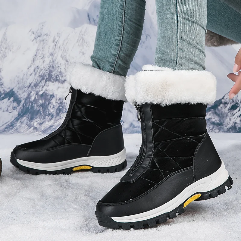 Winter Boots Women's Leather Fashion 2023 Free Delivery Boots Women's Very Warm Non Slip Boots Thick Sole Black Ankle Boots