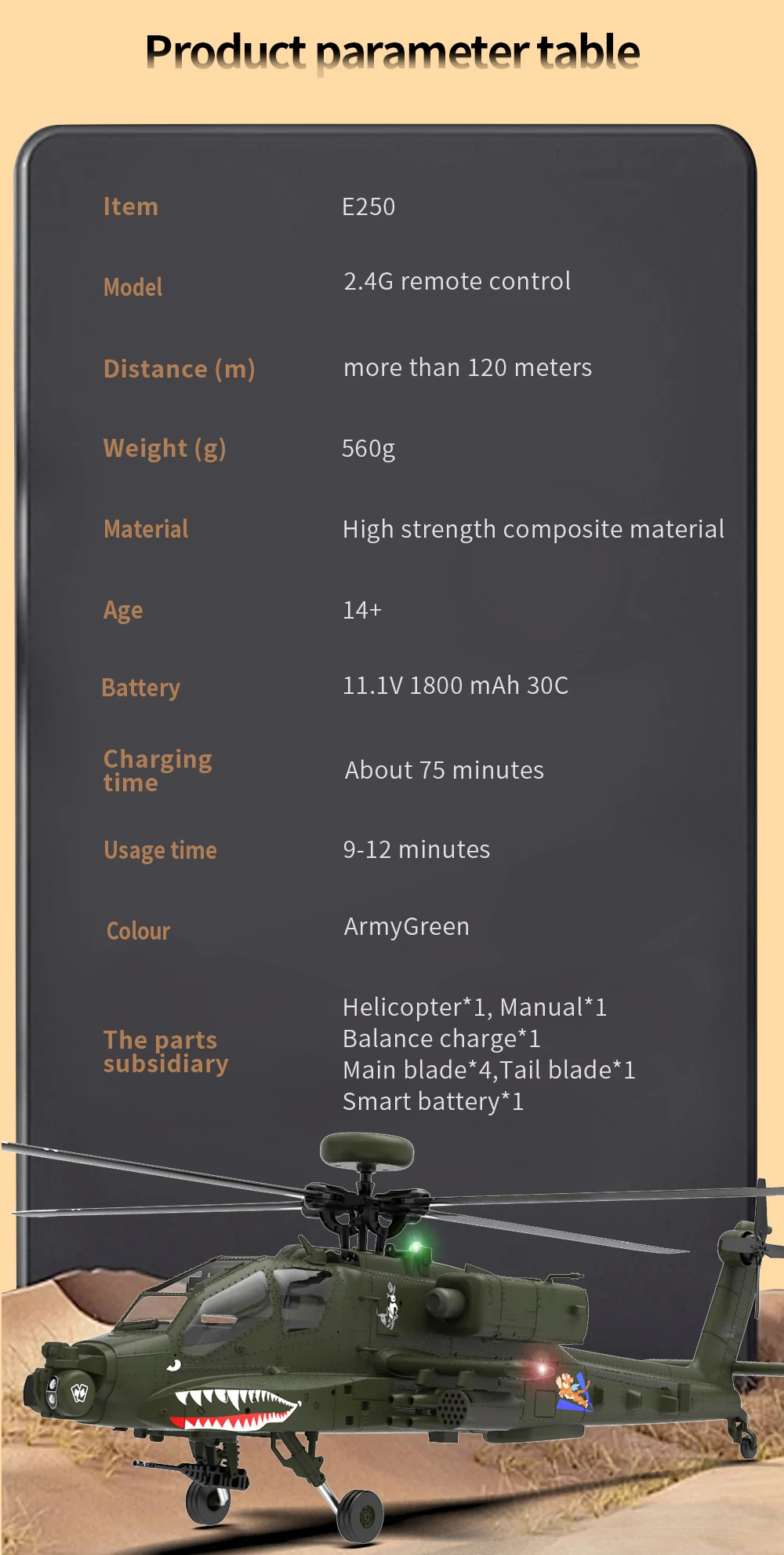 Eachine E250 AH-64 Apache 2.4G 6CH 3D 6-Axis Gyro Dual Brushless Motor 1:32 Scale Flybarless RC Helicopter Compatible With Futaba S-FHSS Protocol