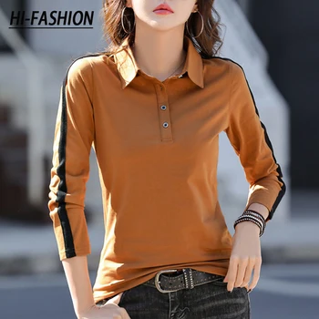 HI-FASHION 여성용 코튼 셔츠, 한국 캐주얼 오피스 여성 블라우스, 라펠 기질 긴팔 슬림 여성 티셔츠, 봄