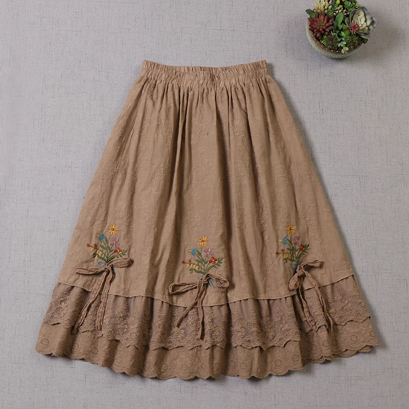 Sweet Cute Japan Style Cotton Embroidered Skirt Loose Mori Girl Embroidered Bandage All-match Age-reduction A-line Skirt pink skirt