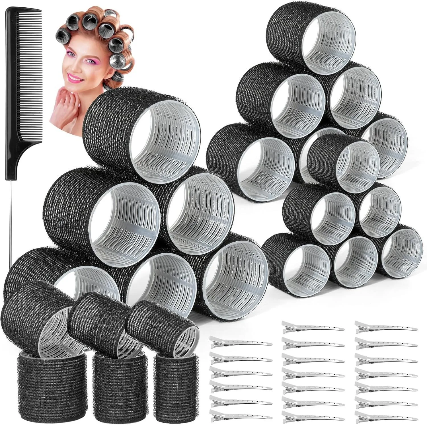 Volumizing Self-Grip Hair Roller Kit with Clips & Styling Comb - Heat-Free Curling and Salon-Quality Hair Tools for Effortless DIY Hairstyles
