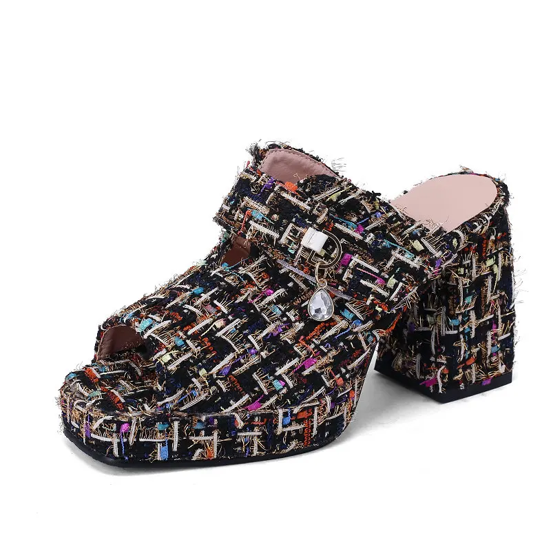 

Fashion Luxury Women Slippers Tweed Plaid Checkered Designer Lady Slides Shoes Block High Heels Open Toe Platform Mules Sandals