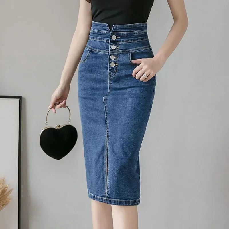 

Fashion Split Denim Skirt Woman 2023 Summer Korean Style High Waist Button Blue Midi Skirt Women Elegant Office A-Line Skirts