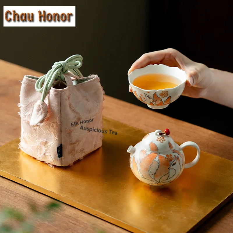 Pure Hand-drawn Nine-tailed Fox Travel Tea Set Kit Handmade 1 Pot 1 Cups Tea Brewing Organizer Portable Camping Tote Bag Gift