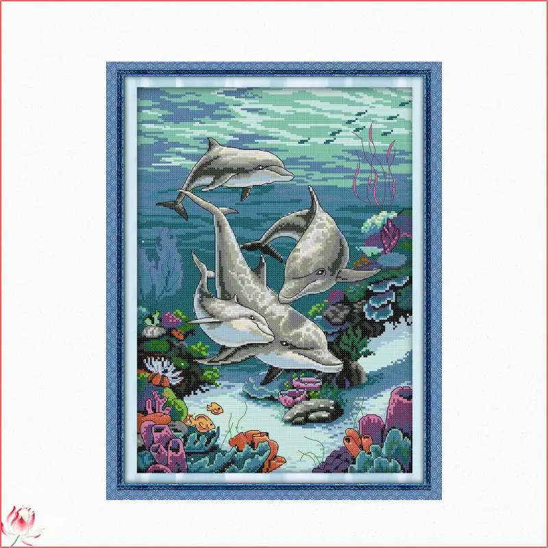 

Counted Print Cross Stitch Kits DIY Animal Pattern Cute Dolphin 14CT 11CT Hand Embroidery Needle Thread Sewing Set Home Deco