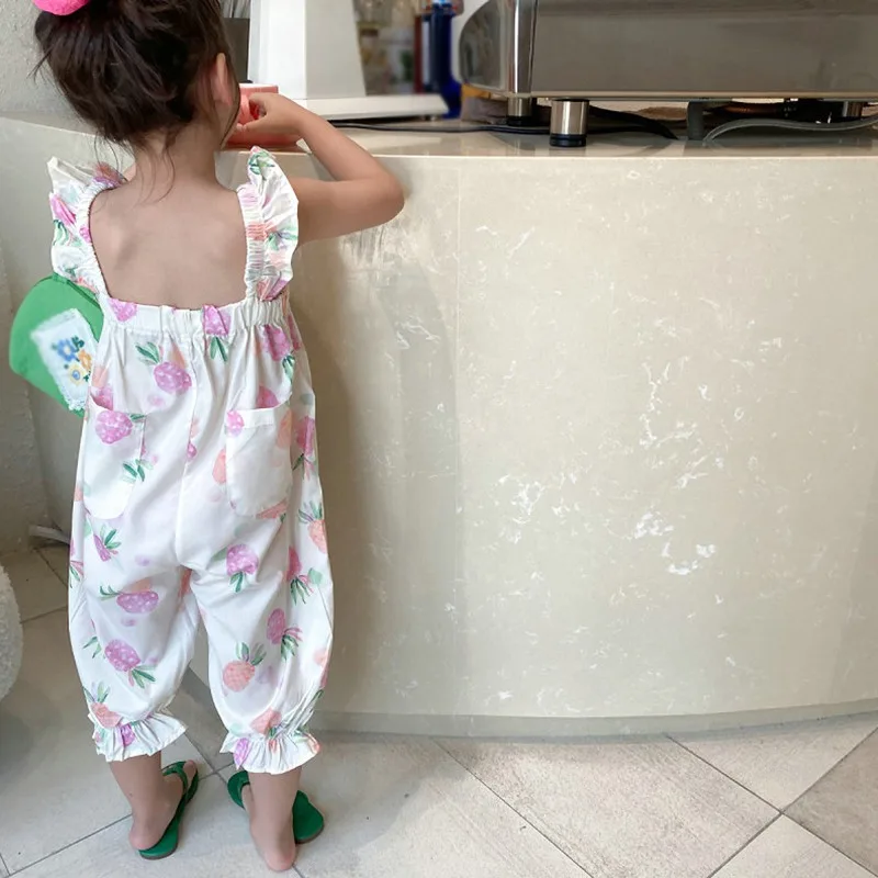 Korean Kids Baby Girls Fruit Print Sleeveless Suspender Jumpsuit Summer Fashion Cute Long Pants Children's Clothing