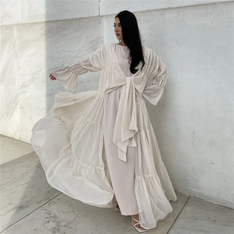 Muslim Abayat Dress Solid Color Puff Sleeves Robe Femme Musulman Elegant Fashion Ladies Dress for European and American Dubai