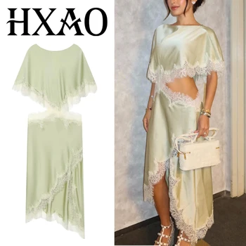 HXAO Green Lace Satin Dresses For Woman Summer Short-Sleeved Asymmetric Midi Dress 2026 Ladies Elegant Coquette Party Dresses