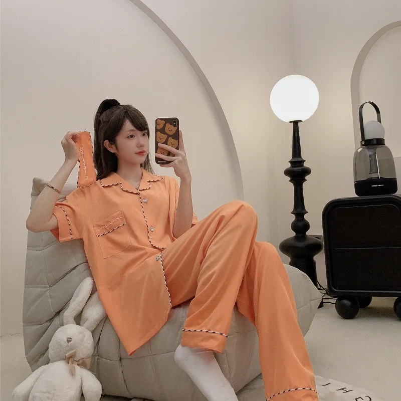 Summer Light Luxury Pajamas Women's Short Sleeved Sleepwear Ice Silk Casual Button Homewear V-neck Cardigan Thin Loungewear Set