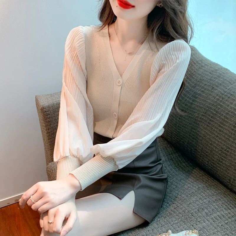 

Chiffon Splicing Pullover Sweater Women Clothing Ladies Autumn Casual Thin Nice Knitwear Female Woman OL Sweaters BPy8099