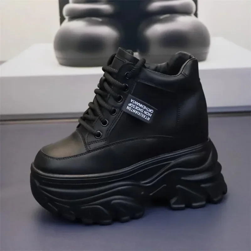 Autumn Women High Top Leather Shoes Platform Wedge Sneakers Chunky Shoes Hidden Heel 10 12 14CM White Black Women Casual Shoes 3