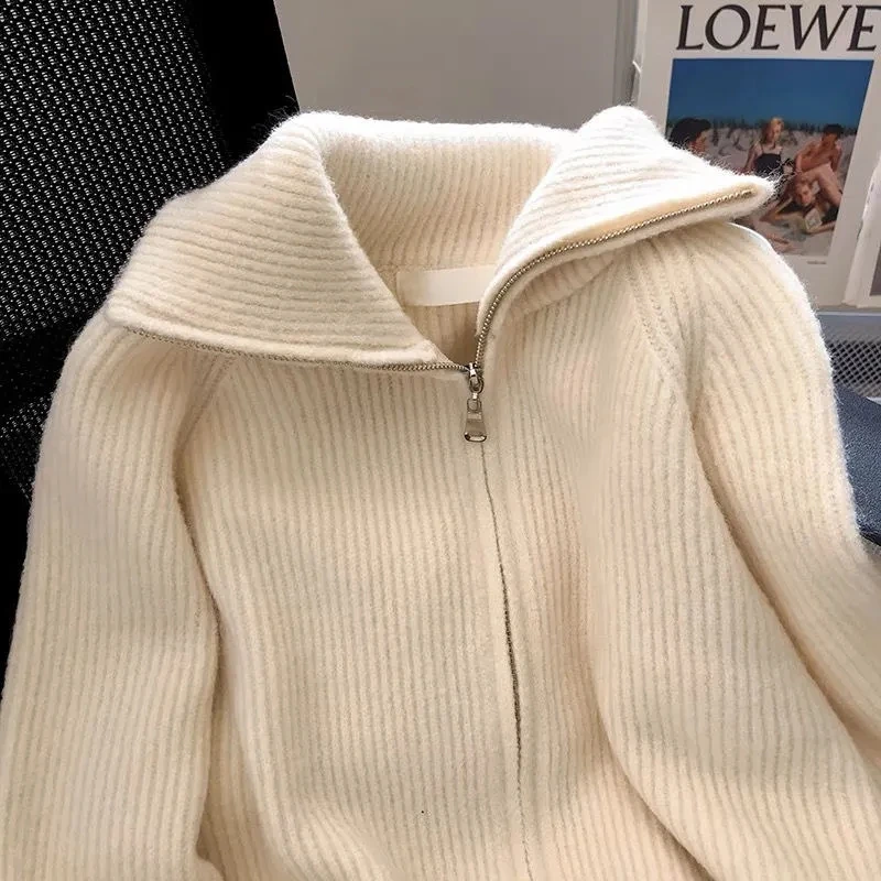 Autumn Winter 2024 Double Zipper Vintage Flip Collar Women Knitted Cardigan Sweater Jacket Student Korean Version Ladies Top 4