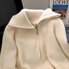 Autumn Winter 2024 Double Zipper Vintage Flip Collar Women Knitted Cardigan Sweater Jacket Student Korean Version Ladies Top 4
